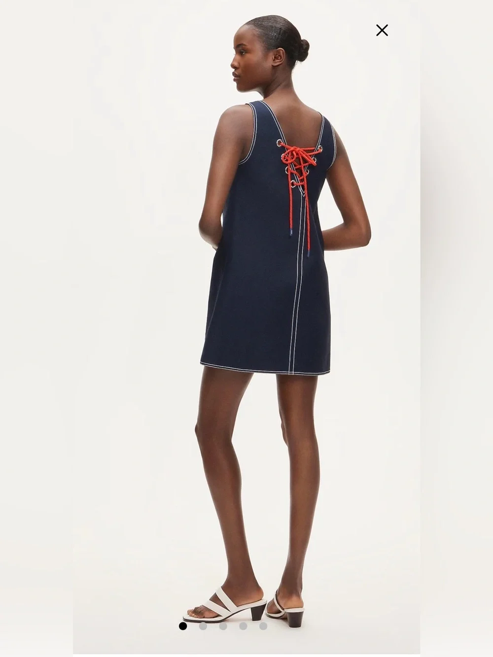 J. Crew Navy Sleeveless Shift Dress with Red Lace-Up Back